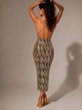 NWT VALIANT PARIS Sexy Champagne Gold Metallic Backless Bodycon Midi Dress $148